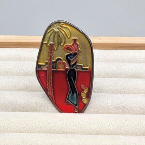 Woman Carrying Jug Enamel Brooch Pin Pendant Palm Tree Desert Town Colorful